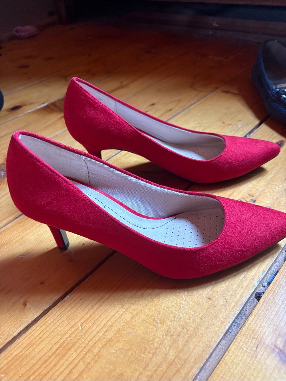 EUC Life Stride Red Suede Pointed-Toe Mid Heel Pumps